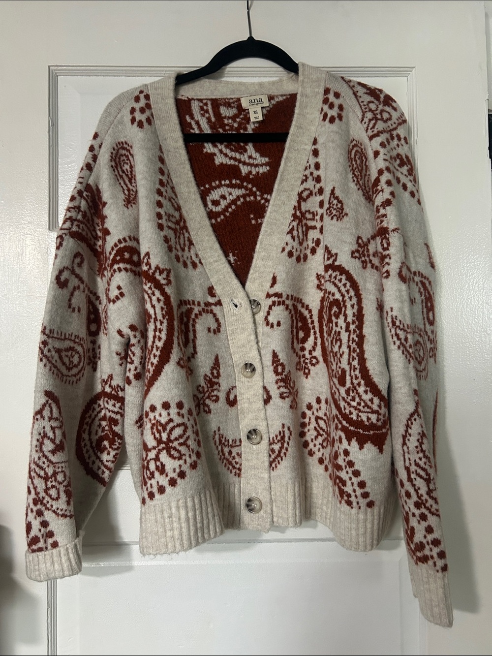 a.n.a Cream and Rust Paisley V-Neck Button Cardigan